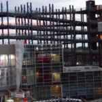 Stadium exterior with sunset backdrop