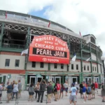 Wrigley Field marquee on a cloudy day