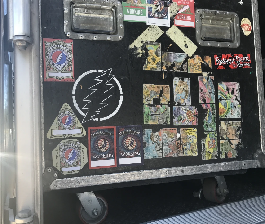 Colorful decals on a black road case