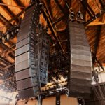 Large hanging speaker arrays in a concert venue.