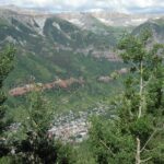 View of a mountainous landscape with a town nestled in the valley.