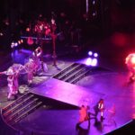 Performers in animal costumes on a stage with a crowd watching.